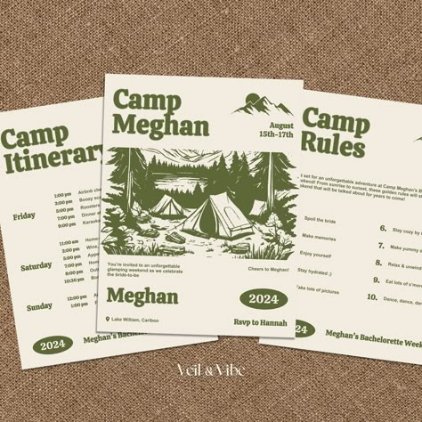 Prepare for an exciting bachelorette party weekend with our Camp Bachelorette digital Canva templates! Whether it's the cozy campfire vibes of our rustic invitations, the well-designed itinerary to steer your weekend of adventures, or the essential camp rules ensuring smooth sailing, our customizable templates have everything you need for a bachelorette celebration that will make memories that will last forever! **PLEASE NOTE, THESE ARE DIGITAL FILES ONLY, NO PHYSICAL PRODUCTS WILL BE SHIPPED** Camping Invitations, Itinerary Invitation, Party Itinerary, Bachelorette Party Itinerary, Bachelorette Party Weekend, Bachelorette Itinerary, Camp Wedding, Itinerary Template, Bachelorette Party Themes