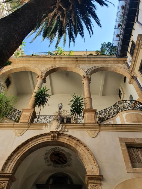 A courtyard of a building in Palermo, Sicily. Follow me on Instagram or YouTube for more! Palermo Sicily Aesthetic, Europe Vibes, Sicily Palermo, Black Architecture, Aesthetic Place, Sicily Travel, Palermo Sicily, Dream Summer, Euro Summer