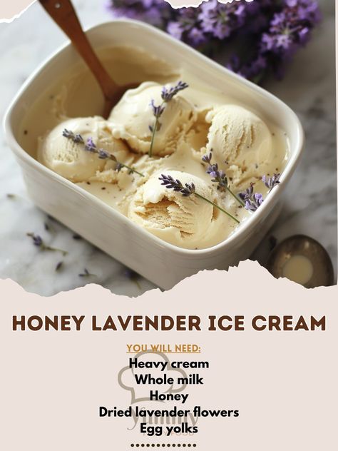 🍨 Indulge in the unique flavors of Honey Lavender Ice Cream! #SweetSerenity Honey Lavender Ice Cream Ingredients: Heavy cream Whole milk Honey Dried lavender flowers Egg yolks Instructions: Heat milk, cream, honey, and lavender until steaming. Let steep and strain. Whisk yolks, slowly pour in milk mixture. Cook until thickened. Chill, then churn in an ice cream maker. 🍯🌸 Enjoy a scoop of this enchantingly sweet and floral ice cream. Perfect for a relaxing day or a fancy dessert. Share your ... Honey Lavender Ice Cream, Honey And Lavender, Lavender Honey Ice Cream, Cream Honey, Lavender Ice Cream, Floral Ice, Honey Lavender, Dried Lavender Flowers, Ice Cream Ingredients