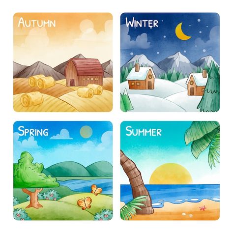 Watercolor four seasons illustration | Free Vector #Freepik #freevector #seasons #summer-winter #summer-season #summer-watercolor Circle Time Wall, Seasons Drawing, Summer Season Drawing, Seasons Illustration, Four Seasons Painting, Good Habits For Kids, Seasons Chart, Morning Circle, Four Seasons Art