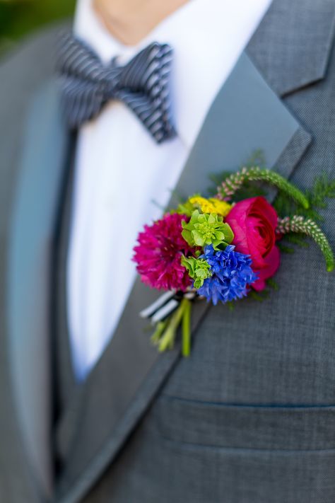 Colorful Flower Boutonniere, Colorful Spring Boutonnieres, Bright Colored Boutonniere, Bright Boutonniere, Neon Wedding Bouquet, Rainbow Wedding Flowers, Homecoming Flowers, Prom Bouquet, Simple Wedding Bouquets