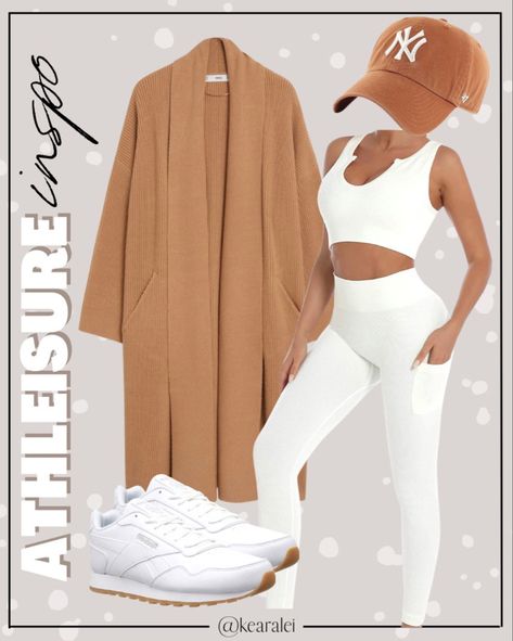 Activewear Athleisure outfits white set with tan long coat cardigan white Reebok sneakers tan baseball cap hat Tan Workout Outfit, Beige Athleisure Pants For Workout, Sporty Cream Activewear For Workout, Beige Athleisure Activewear For Yoga, Cream Athleisure Activewear For Workout, Cream Leggings Outfit, Fashion Teacher Outfits, Active Leggings Outfit, Athleisure Moisture-wicking Hooded Jacket For Workout