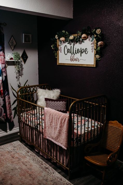 Dark Girl Nursery, Dark Nursery Ideas Girl, Edgy Nursery Ideas, Dark Boho Nursery, Black Baby Room Nurseries, Jewel Toned Nursery, Alternative Nursery Ideas, Grunge Nursery, Spooky Nursery Ideas