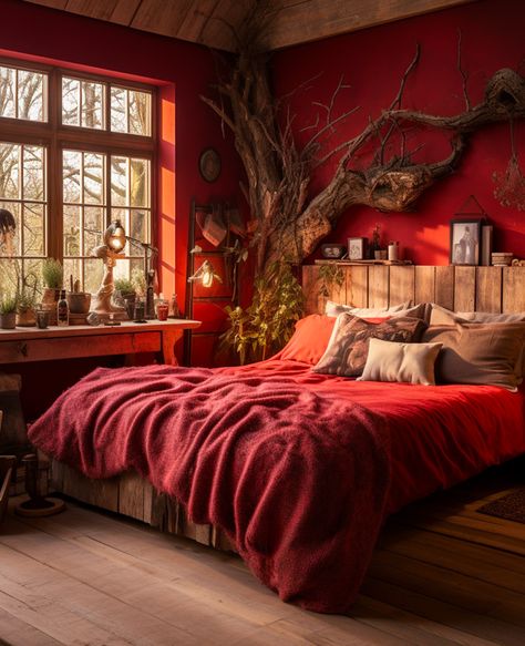 deco chambre campagne rustique rouge et bois murs rouges linge de lit rouge tete de lit bois Red Boho, Bedroom Boho, Boho Bedroom, Scream, My Blog, Mood Board, Bedroom, Red, Home Decor