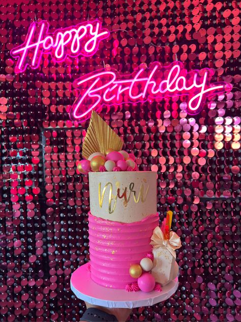 Neon Pink Cake Birthday, Birthday Cake For Women Barbie, Pink Theme Birthday Cake, Hot Pink Cakes Birthday For Women, Hot Pink Barbie Cake, Hot Pink Birthday Ideas, Hot Pink And Orange Cake, Hot Pink And Gold Birthday Party, Disco Barbie Cake