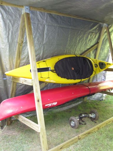 Homemade Kayak, Diy Kayak Storage Rack, Kayak Hacks, Kayak Rack Diy, Diy Kayak Storage, Kayak Holder, Firewood Storage Indoor, Canoe Storage, Canoe Rack