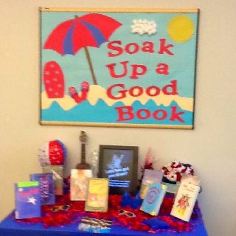 Summer library display for the teen area. #literacy #literacy #display Beach Theme Classroom, Ocean Classroom, Summer Bulletin Boards, School Library Displays, Library Bulletin Board, Reading Bulletin Boards, Library Media Center, Library Themes, Library Book Displays