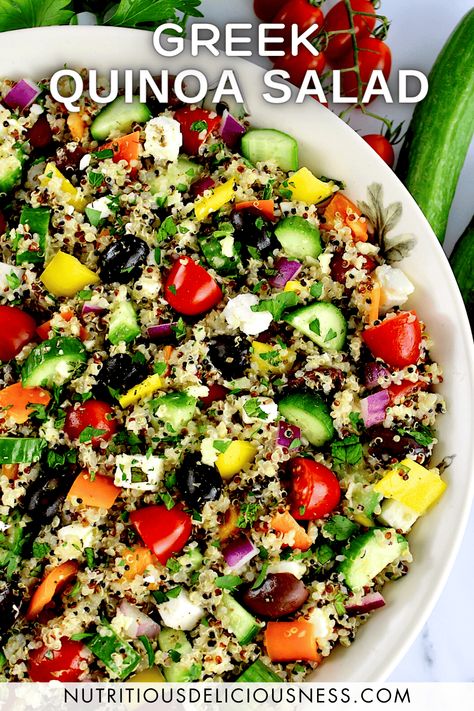 Greek Quinoa Salad This healthy and nutritious Greek Quinoa Salad features a medley of vibrant, crunchy vegetables tossed in a zesty homemade dressing. It's perfect for meal prep! #greeksalad #quinoasalad #easyquinoasalad #healthyquinoa Greek Salad With Quinoa, Greek Quinoa Salad Recipes, Quinoa Salad Recipes Cold, Quinoa Meals, Cabin Recipes, Quinoa Salad Dressing, Quinoa Salad Vegan, Ozempic Diet, Quinoa Salads