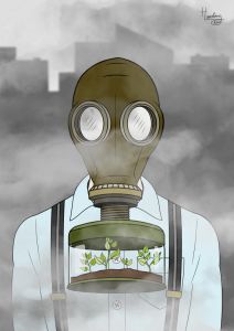 Air Pollution man wearing gas mask containing plants illustration Inkscape Air Pollution Project, Causes Of Air Pollution, Burning Fossil Fuels, Pollution Activities, Air Pollution Poster, Plants Illustration, Earth Drawings, Conscious Consumption, Fossil Fuels