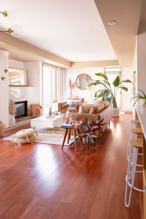 Scandi Boho Living Room, Mahogany Flooring, Cherry Wood Floors, Living Room Wood Floor, Red Floor, Mid Century Living, Mid Century Living Room, Mid Century Modern Living, Mid Century Modern Living Room