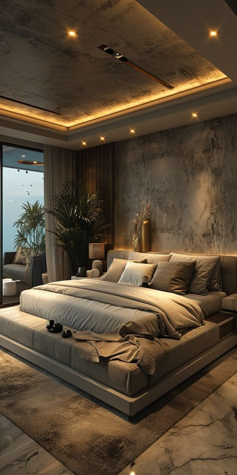 Modular False Ceiling Design, Modern House Design Bedroom, Bedroom Ideas High Ceiling, Dream Room Luxury, Bedroom With Mirror On Ceiling, Bedroom With Balcony Design Master Suite, Modern Ceiling Design Luxury, Cosy Warm Bedroom Aesthetic, Big Bedroom Ideas Luxury