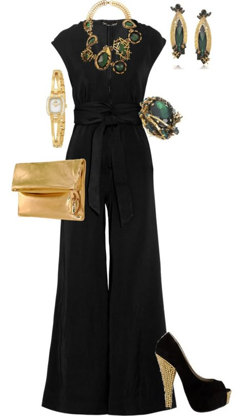 Perfeito Black Tie Event Outfit Woman Pants, How To Dress Up A Black Jumpsuit, Gold And Black Outfits Women, How To Style A Black Jumpsuit, Jumpsuit Black Outfit, Black And Gold Outfits, Black Chic Outfit, Turquoise Dress Outfit, Black Gold Outfit