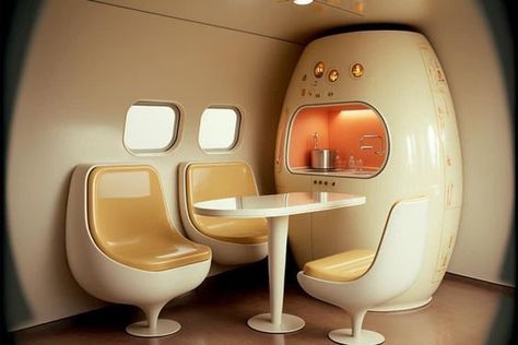 70s Futurism Interior Design, Atomic Age Furniture, Futuristic Bedroom Ideas, Retro Spaceship, Space Age Interior, Retro Futuristic Interior, Space Age Furniture, Art Fashion Design, Atomic Space Age