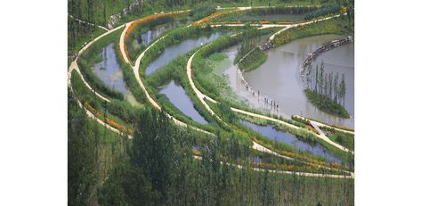 interlocking bio-swales Wetland Park, Riverside Park, Landscape And Urbanism, Landscape Garden, Water Management, Rain Garden, Parking Design, Tianjin, Garden House