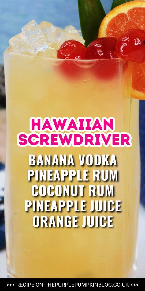 Hawaiian Screwdriver Cocktail: A Vacation in a Glass! Transport yourself to Hawaii with our Hawaiian Screwdriver Cocktail! This concoction of fruity flavors is an ideal companion for your beach-themed parties. Let the island vibe soak in. Discover the full recipe on The Purple Pumpkin Blog. #TropicalDrinks Go To Cocktails, Summer Drink Ideas Alcohol, Hawaii Drinks Cocktails, Hawaiian Alcoholic Drinks, Disney Drinks Alcohol, Luau Drinks Alcoholic, Alcholic Slushies Recipes, Hawaiian Punch Cocktail, Good Mixed Alcoholic Drinks