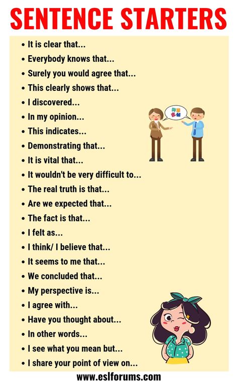 Sentence Starters: Useful Words and Phrases You Can Use As Sentence Starters - ESL Forums Punctuation Chart, Teaching English Grammar, Communication Problems, Sentence Starters, English Learning Spoken, Essay Writing Skills, Conversational English, Good Vocabulary Words, Words And Phrases