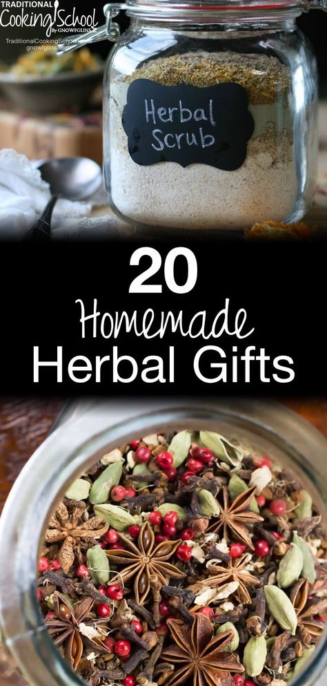 20 Homemade Herbal Gifts | Are you ready to be inspired with herbal gift ideas that are beautiful, thoughtful, healthy, and homemade? You've come to the right place! We've gathered 20 homemade herbal gifts -- including teas, salves, and culinary creations -- for everyone on your list. | TraditionalCookingSchool.com Herbal Gifts, Gifts In Jars, Herbal Scrub, Herb Gifts, Diy Food Gifts, Homemade Food Gifts, Kitchen Herbs, Herbal Recipes, Cold Home Remedies