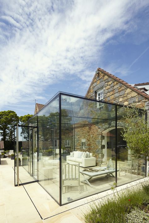 Guernsey, Channel Islands | Architectural Glass | Clear Living Glass Sunroom Ideas, Glass Box Extension, Glass Sunroom, Glass Pavilion, Sunroom Ideas, House Design Trends, Glass Extension, Glass Structure, Glass Room