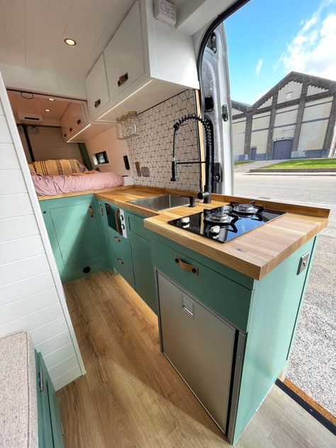 Mini Camper Trailer Interiors, Crafter Conversion Layout, Mercedes Van Conversion, Lwb Camper Conversion, Crafter Camper Conversion, Campervan Kitchen, Campervan Kitchen Ideas, Mercedes Sprinter Conversion, Sprinter Van Conversion For Family Of 5