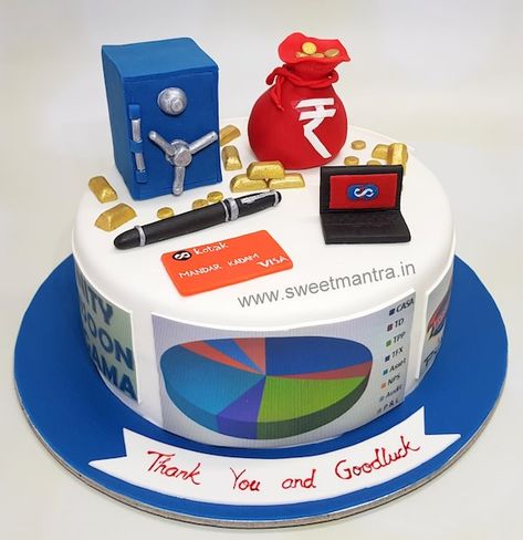 Customized cake for a bank branch manager's farewell  by Sweet Mantra - Customized 3D cakes Designer Wedding/Engagement cakes in Pune - http://cakesdecor.com/cakes/338385-customized-cake-for-a-bank-branch-manager-s-farewell Cakes For Bankers, Library Cake, Money Birthday Cake, Bank Manager, Customised Cakes, Graduation Party Desserts, Customized Cake, Fiesta Cake, Realistic Cakes