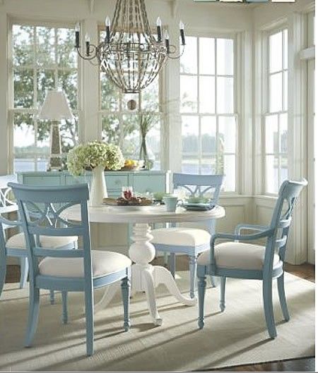 Transformed by Color - The Decorologist Shabby Chic Decorating, Pedestal Dining Table, Blue Chair, Wainscoting, Breakfast Room, Coastal Living, Beach House Decor, Shabby Chic Decor, Room Table