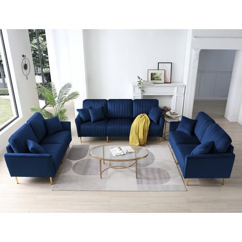 Upgrade your living room with our chic velvet sofa, featuring stunning tufting details and high-quality materials. It's easy to clean and built for long-lasting use. Customize your seating by adding extra middle seats, making it ideal for any space. Royal Blue Furniture, Dream Family Home, Velvet Sofa Set, 3 Piece Living Room Set, 3 Piece Sectional Sofa, Room Sofa Design, Velvet Living Room, Airbnb Design, Living Room Sofa Set