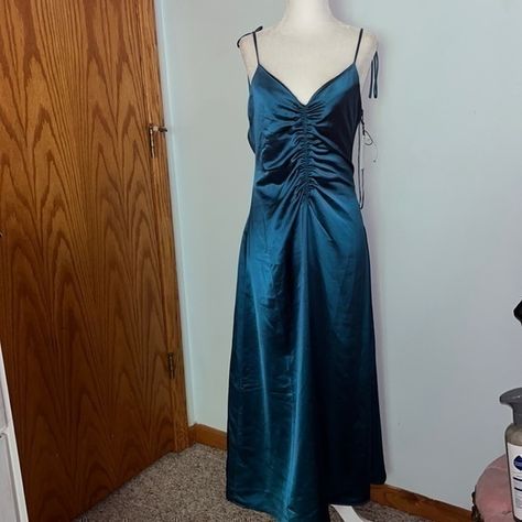 Nwt Jason Wu Satin Teal Dress Size Medium Would Be A Pretty Bridal Dress! Slip Dress Green Gown Dress, Jason Wu Dress, Teal Blue Dress, Eyelet Maxi Dress, Maxi Shift Dress, Tie Maxi Dress, Satin Dress Long, Fitted Maxi Dress, Cutout Maxi Dress