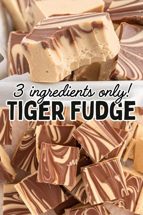 When a peanut butter fudge base begs to be marbled with a pretty chocolate swirl, it’s time to sink your teeth into the tastiest Tiger Butter Fudge. What could be better than a 4 ingredient foolproof fudge recipe that comes together in 5 fast minutes? Fudge Made With Frosting And Peanut Butter, Tiger Fudge, Tiger Butter Fudge Almond Bark, Fudge Icing Recipe, Reese’s Pieces Peanut Butter Fudge, Holiday Fudge Recipes, Tiger Butter, Butterfinger Reese’s Fudge, Fudge Recipes Chocolate