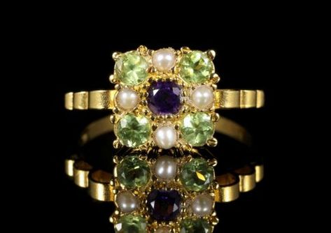 Suffragette Ring Amethyst Peridot Pearl 18ct Gold Silver front view Suffragette Jewellery, Suffragette Movement, Bijoux Art Nouveau, Antique Jewellery Online, Victorian Engagement Rings, Edwardian Ring, Antique Jewelry Rings, Art Nouveau Jewelry, Amethyst Jewelry