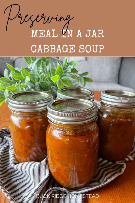 Meal In a Jar Cabbage Soup. Fill Your Pantry Shelves with this great Meal in a Jar Pressure Canning Recipe! Cabbage Soup For Canning, Pressure Canning Cabbage Recipes, Pressure Canning Cabbage Soup, Canning Cabbage Soup Recipes, Canning Cabbage Recipes Water Bath, Cabbage Canning Recipes, Soups To Can, Canning Cabbage Soup, Canned Cabbage