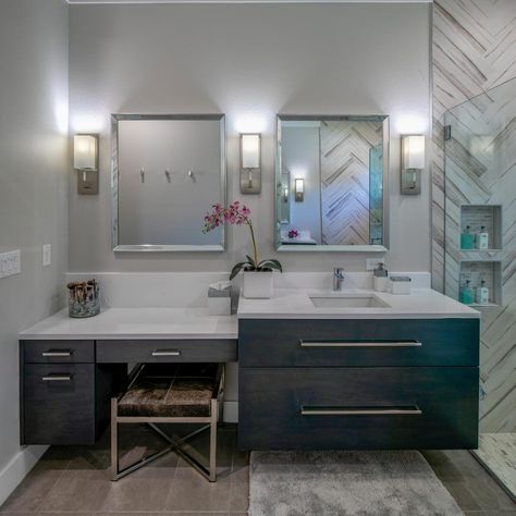 Gray Primary Bathroom With Dressing Table Bathroom Sink With Makeup Vanity, Dressing Table In Bathroom, Bathroom With Vanity Area, Bathroom Vanity With Makeup Area, Vanity With Makeup Area, Bathroom With Makeup Vanity, Master Bath Vanity, Tv In Bathroom, Dressing Table Design