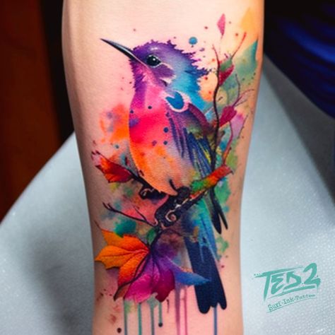 Colour Only Tattoo, Forearm Tattoo Women Watercolor, Watercolor Wrist Band Tattoo, Tattoo With Watercolor Background, Feminine Tattoo Sleeves Watercolor, Ankle Watercolor Tattoo, Watercolor Half Sleeve Tattoo For Women, Colorful Tattoos For Women Watercolors, Color Forearm Tattoo Women