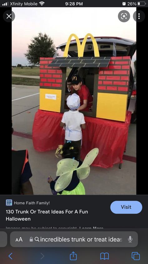 Trunk Or Treat Restaurant Theme, Mcdonald’s Trunk Or Treat Ideas, Mcdonalds Trunk Or Treat, Mcdonald’s Trunk Or Treat, Mcdonald’s Halloween Costumes, Mcdonald’s French Fry Costume, Mcdonald’s Playground, Restaurant Themes, Treat Ideas