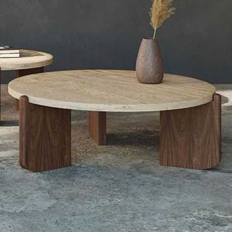 Wood And Marble Coffee Table, Marble Wood Coffee Table, Contemporary Living Room Coffee Tables, Living Room Table Wood, Japandi Coffee Table, Home Decor Ideas Minimalist, Round Entryway, Rounded Coffee Table, Statement Coffee Table