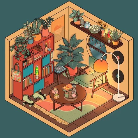 Digital Room Drawing, Isometric Drawing Room, Digital Art Room Illustrations, Isometric Room Procreate, Procreate Room Drawing, Isometric Greenhouse, Isometric Room Design, Isometric Illustration Room, Room Drawings Aesthetic