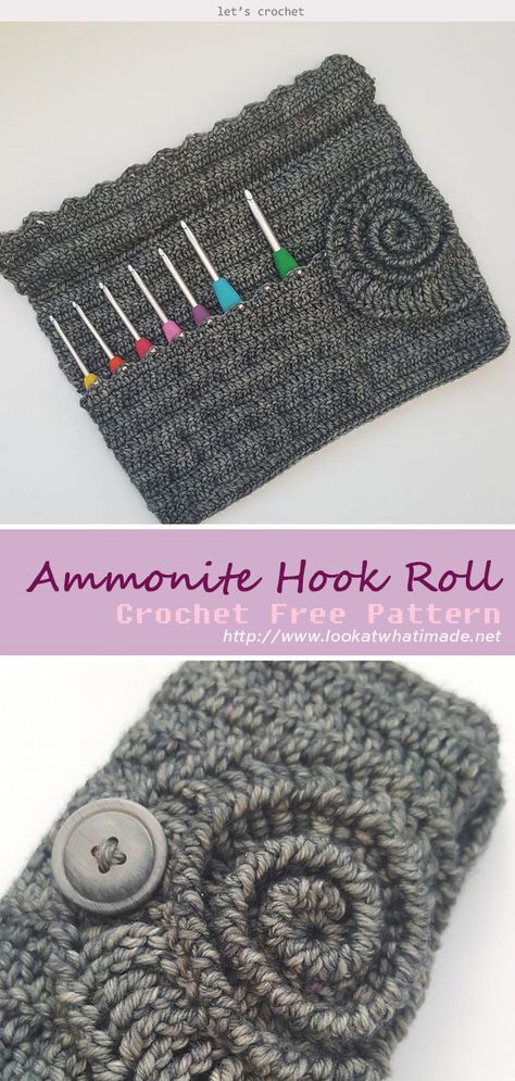 Ammonite Hook Roll Crochet Free Pattern Crochet Hook Holder Pattern, Crochet Hook Roll, Crochet Project Free, Crochet Hook Holder, Mochila Crochet, Beau Crochet, Crochet Hook Case, Confection Au Crochet, Crochet Simple