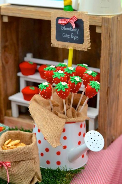 Watermelon Cake Pops, Strawberry Cake Pops, Barnyard Birthday Party, Strawberry Shortcake Birthday, Strawberry Shortcake Party, Watermelon Cake, Strawberry Baby, Barnyard Birthday, Strawberry Party