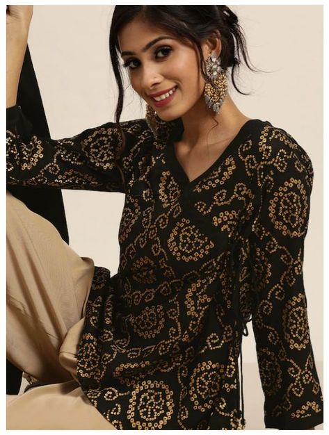 Angrakha Short Kurti, Black Short Kurti, Organza Kurti Designs Latest, Organza Kurti Designs, Short Kurti For Women, Angrakha Kurti, Sleeveless Kurti, Organza Kurti, Short Kurti Designs