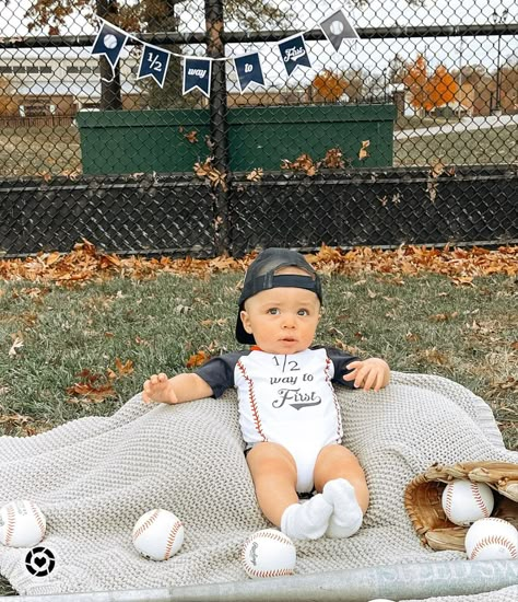 Halfway To One Baseball, Baseball Monthly Milestone, Football 6 Month Pictures, Half Way To First Baseball Pictures, Baseball 6 Month Photoshoot, Halfway To One Photoshoot Boy, Halfway To First Baby Photoshoot, Baby Baseball Photoshoot, 6 Month Baby Boy Picture Ideas