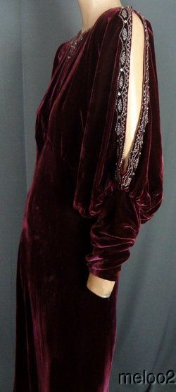 ~1930s BEADED MERLOT SILK VELVET GOWN w SPLIT SLEEVES & JEWELS Gowns Purple, Ball Outfits, Velvet Outfit, Blouse Neckline, Purple Gown, 1930's Fashion, Velvet Gown, Dress Velvet, Couture Mode