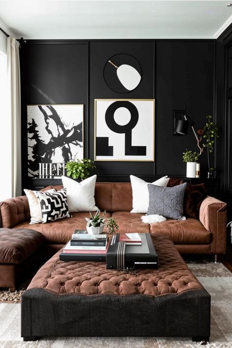 Elevate your living room with a timeless black, white, and brown color palette. Discover stylish and sophisticated decor ideas, from bold statement pieces to minimalist accents, that will create a chic and inviting space. Black And White Rug Brown Couch, Black White Brown Aesthetic Home, Black Couch Tan Walls, Black And Brown Couches Together, Black L Couch Living Rooms, Black And White Living Room Decor, Living Room Transformation, Sophisticated Decor, Brown Color Palette