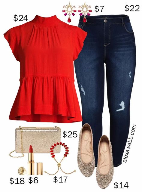 Plus Size on a Budget – Holiday Outfit or Christmas Outfit with Red Top and Jeans with Gold Accessories - Alexa Webb #plussize #alexawebb Holiday Outfit Men, Plus Size On A Budget, Red Top Outfit, Plus Size Holiday, Budget Outfits, Glitter Flats, Plus Size Fall Fashion, Look Plus Size, Outfit Christmas