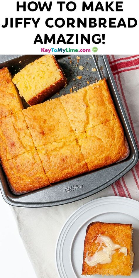 A picture of the best Jiffy cornbread recipe with title text at the top. Cornbread Hacks, Amish Cornbread, Cornbread With Jiffy, Corn Muffin Mix Recipes, Cornbread Muffins Jiffy, Jiffy Mix Recipes, Muffin Mix Recipe, The Best Cornbread, Fluffy Cornbread