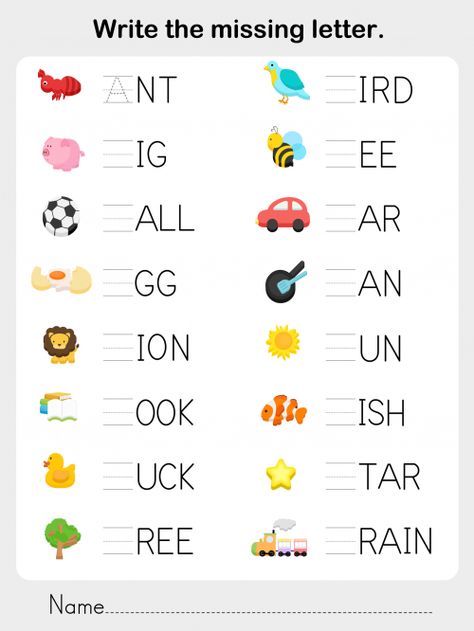 Get your child thinking about how sounds and letters go together! This free, printable worksheet asks students to look at an image, and fill in the blank with the appropriate sound. When your child has finished, cover the images and have them read the words back to you!   Read more at http://kidspressmagazine.com/phonics/worksheets/misc/write-the-missing-letter.html#ESCBV0PCvWPw0ju2.99  #phonics, #writing, #free, #printable, #consonants, #vowels Letter Worksheets Kindergarten, Lkg Worksheets, Letters Worksheets, Alphabet Letter Worksheets, Missing Letters, Kindergarten Phonics Worksheets, English Worksheets For Kindergarten, Vowel Worksheets, Alphabet Worksheets Kindergarten
