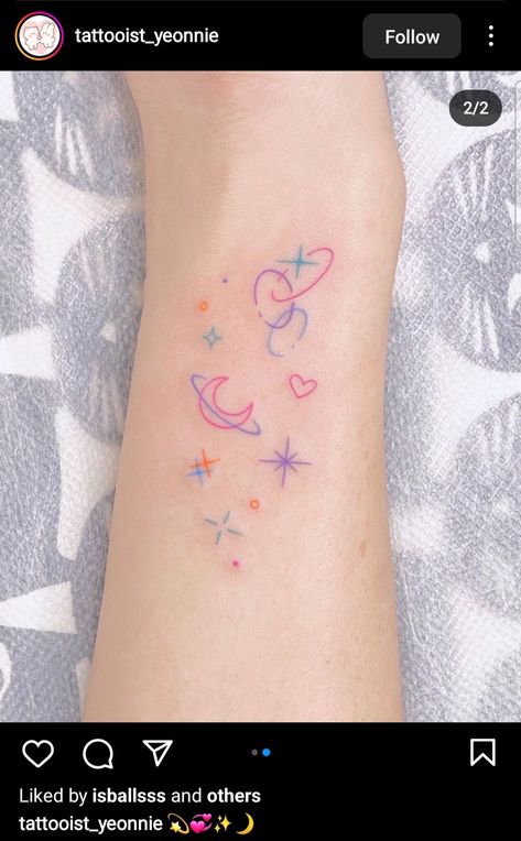 Simple line drawn Pastel Planets and Stars Minimalistic Color Tattoo, Pastel Color Tattoo, Color Mini Tattoo, Galaxy Small Tattoo, Colored Simple Tattoos, Minimalist Color Tattoo, Colorful Tiny Tattoos, Minimalist Tattoo Colored, Simple Colored Tattoos