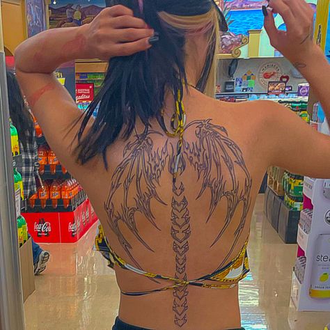 Spine With Wings Tattoo, Dragon Wings Back Tattoo Women, Wing Spine Tattoos For Women, Dragon Wings Tattoo For Women, Dragon Wing Tattoo On Back, Spine Wing Tattoo, Spine Tattoos With Wings, Wing Tattoo Men Back, Dragon Wing Back Tattoo