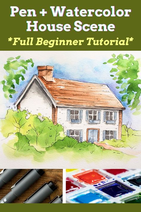 In this full video tutorial, I teach you how to draw a house in perspective in pencil, my favorite pen and ink techniques to help add definition and detail, and how to bring your drawing to life using bright watercolor washes. House In Perspective, Pen And Ink Techniques, Line And Wash, Beginner Drawing Lessons, Beginner Drawing, Ink Techniques, Bright Watercolor, Watercolor House, Watercolor Art Landscape