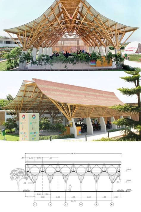 Mountains And Water, Pavilion Plans, Pavilion Architecture, Bamboo Structure, Timber Roof, Bamboo Architecture, Pavilion Design, Sustainable City, Architecture Building Design