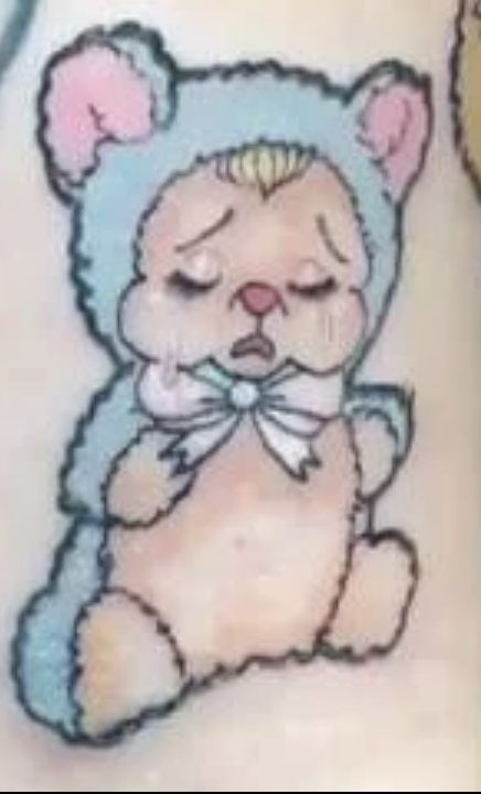 Melanie Martinez Tattoo, Martinez Tattoo, Teardrop Tattoo, Kewpie Art, Upper Arm Tattoo, Elmer The Elephants, Teddy Bear Costume, Lil Miss, Doll Tattoo