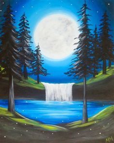 Moonlit Waterfall, Moon And Forest, Moonlit Forest, Pond Painting, Forest Waterfall, Waterfall Paintings, Wine And Canvas, Canvas Painting Tutorials, Simple Canvas Paintings